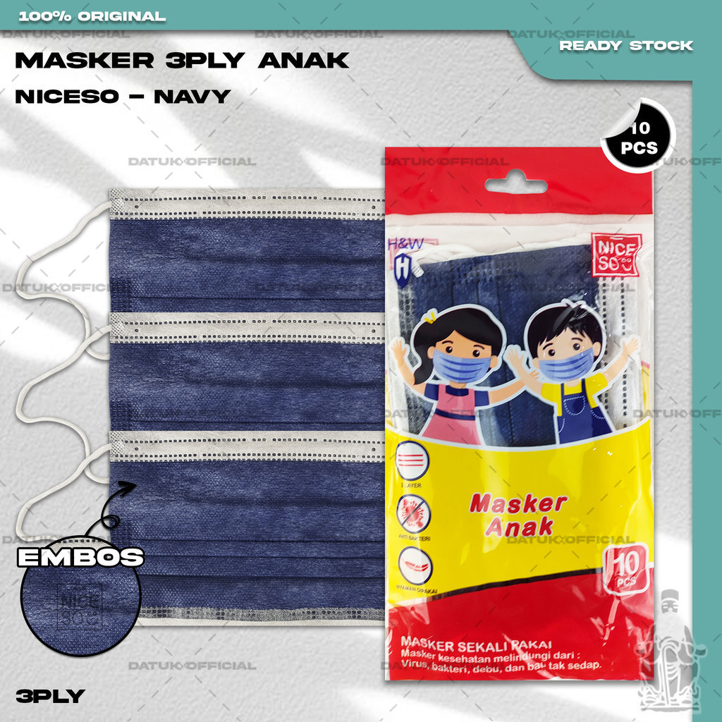 Masker Anak Medis 3Ply NICESO Isi 10Pcs Warna Navy Biru Dongker 3 Ply Earloop Surgical Mask Kemenkes