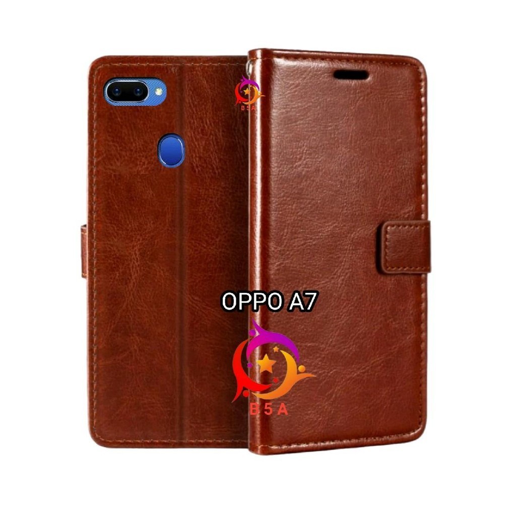 OPPO A7 Flip Cover Wallet Leather Casing Dompet Kulit ( Case Untuk A7 ) Slot Card Warna Hitam Merah 