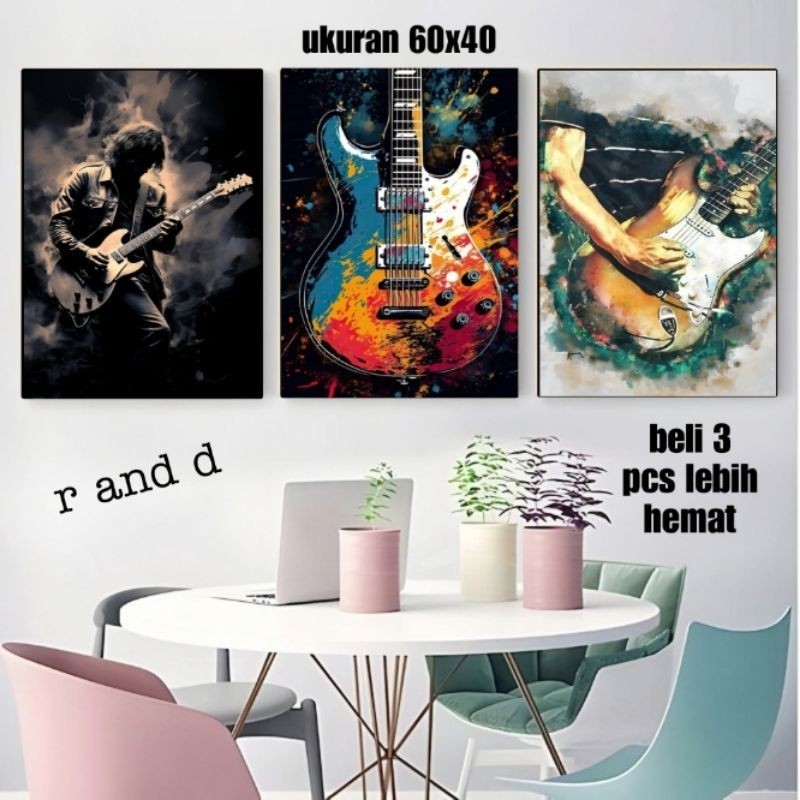 Hiasan dinding kamar gambar gitar ukuran 60x40 bingkai kayu, Dekorasi dinding studio musik ukuran 40