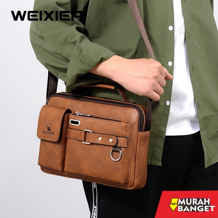 tas selempang pria kekinian WEIXIER D234 Tas Selempang Pria Kulit Anti Air - Hitam