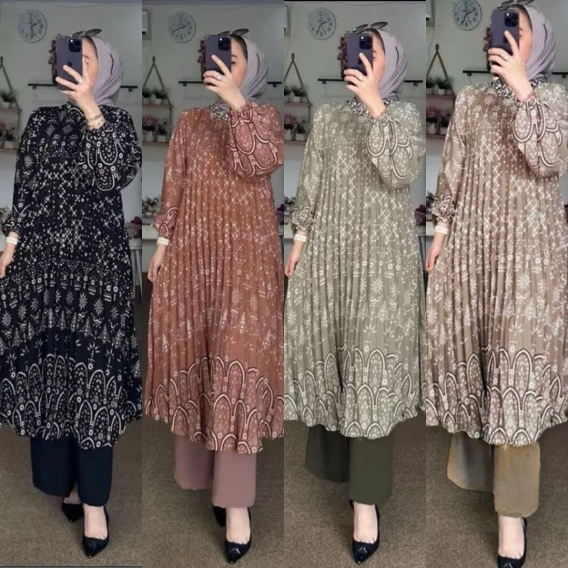 [PROMO MURAH] Setelan Plisket Etnic | Oneset Midi Long Tunik | Silk Celana Cringkle Premium Busui Fr