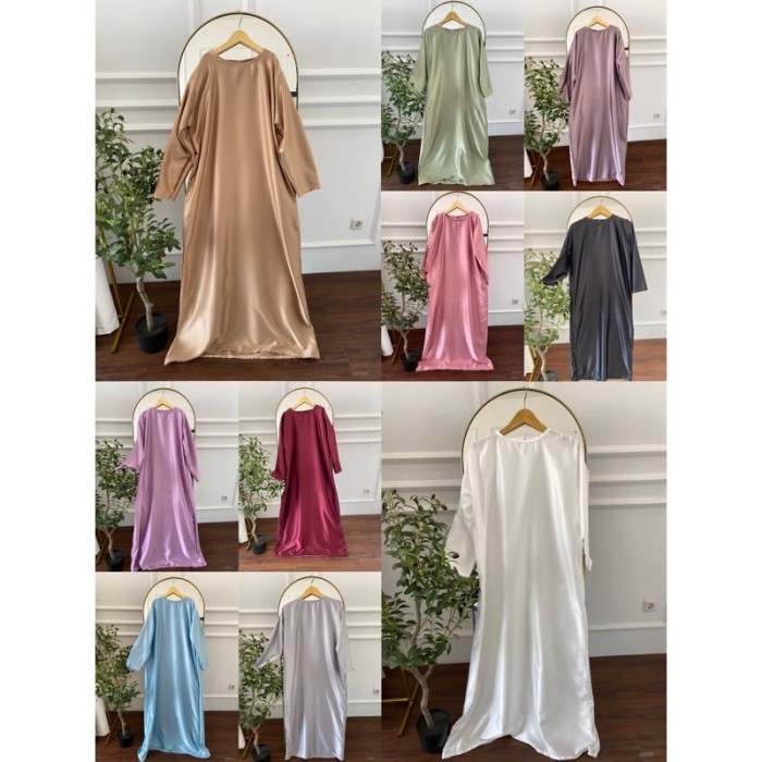 Inner Gamis Lengan Panjang Bahan Satin Untuk Kebaya Brukat Dalaman Dress Panjang Silk - maroon