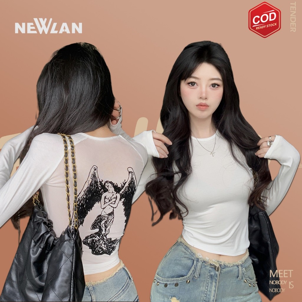 Newlan ZZ117 Kaos Lengan Panjang TERMURAH Top Streetwear Harajuku Outfit Kaos Wanita Leher Gaya Pola