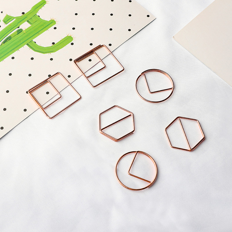 

Simple Cute Geometric Shape Paperclip Metal Bookmark Round Hexagon Special-shaped Paper Clips Rose Gold Stationery