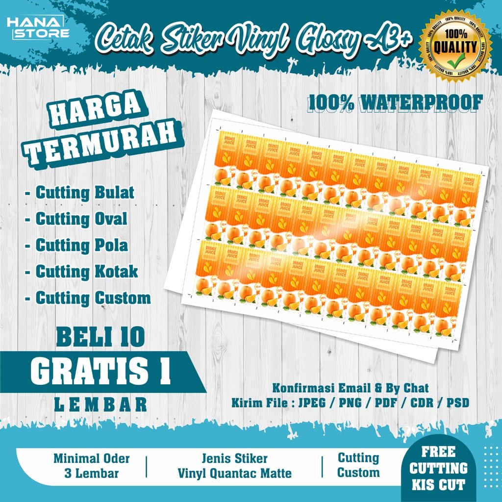 

Cetak Stiker Vynil Glossy A3+ (Print & Cutting) Tahan Air Waterproof Quantac