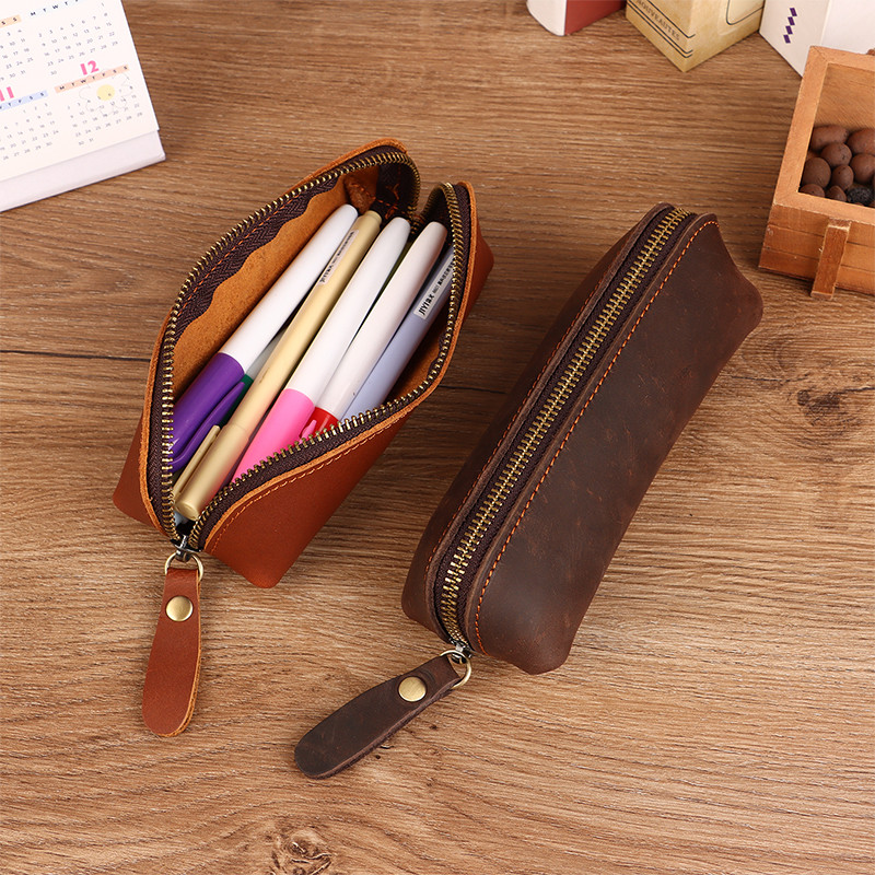 

Vintage Leather Pencil Bag Simple Stationery Hoder Pen Case Storage Bag Zipper Pencil Pouch Glasses Box School Supplies