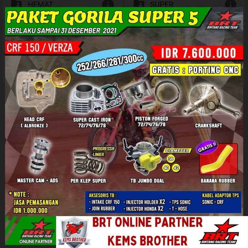 PAKET ORIGINAL BRT CRF150 TRABAS GORILA SUPER 5 BOREUP 252CC / 266CC / 281CC / 300CC (SILINDER HEAD,