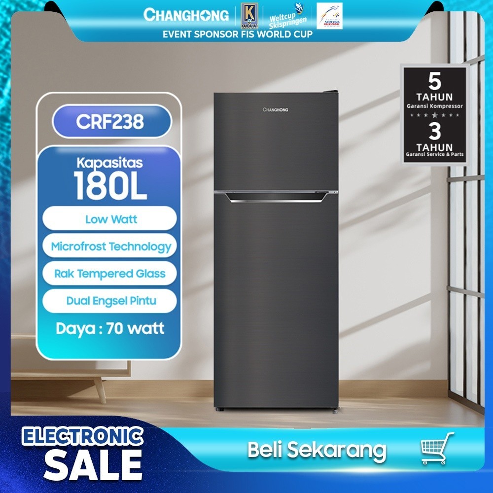CUCI GUDANG Changhong Kulkas 2 Pintu  (Refrigerator) Lemari Es Kapasitas 180 Liter CRF238 – Black (Semi Auto No Frost) (Kapasitas Besar) (Tempered Glass) (Kombinasi Pendinginan-Pembeku) (Engsel Pintu Fleksibel) (Interior Kulkas Dengan Food Grade)