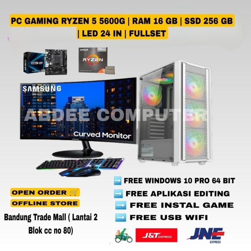 FLASH SALE PC GAMING Fullset AMD Ryzen 5 5600G Ram 16 GB SSD 128 GB Led 24" Samsung Lengkap