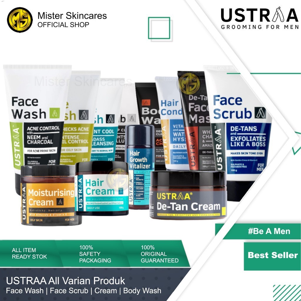 USTRAA Skincare Cowok Face Wash Neem Acne Oily Mint De Tan Mask Scrub Hair Cream Body Wash