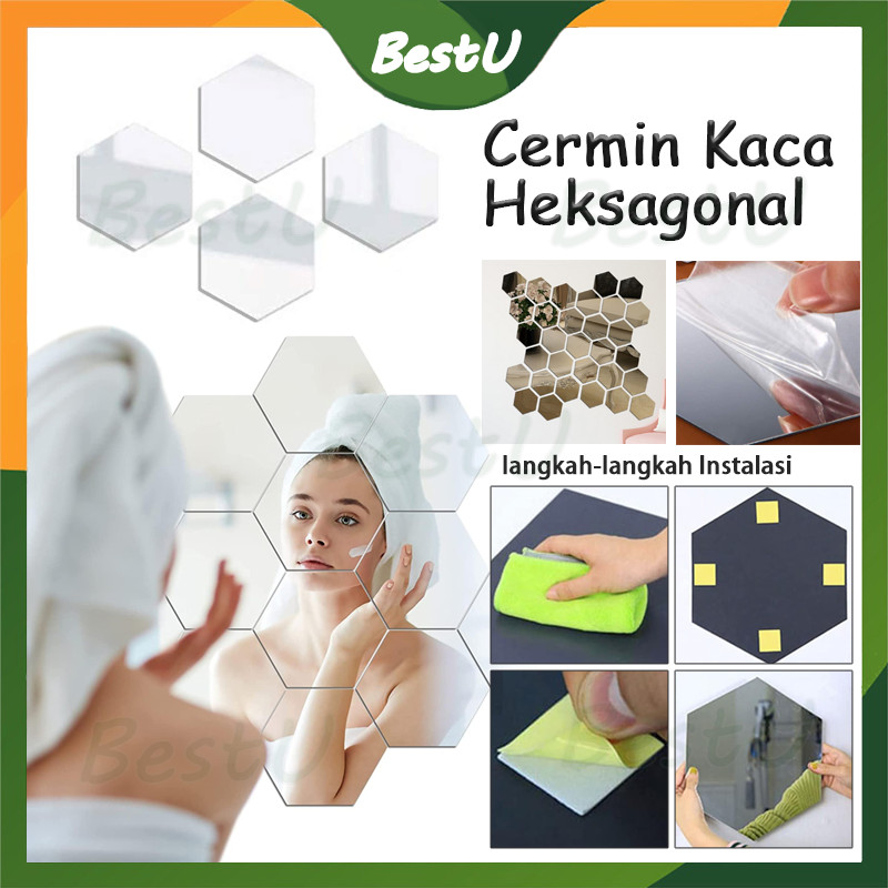 Cermin Tempel Kaca Hexagonal Mirror/Sticker Kaca Hexagonal Mirror Wall Decoration /Sticker Acrylic C