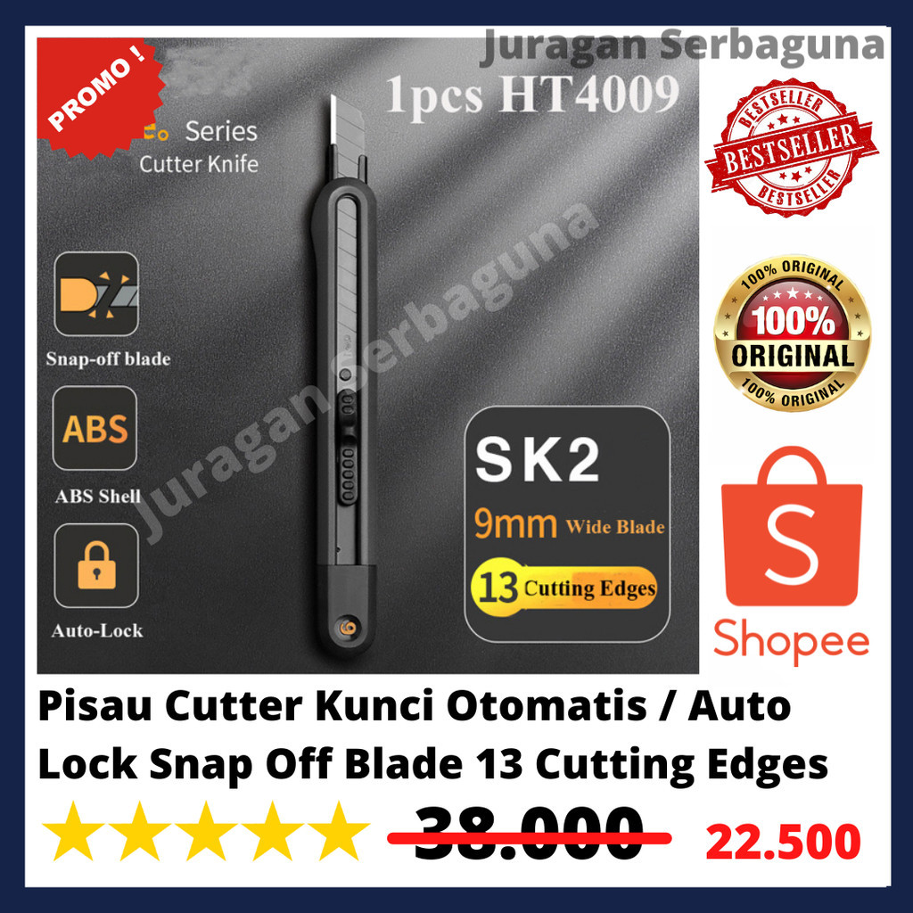 

Pisau Cutter Kunci Otomatis / Auto Lock Snap Off Blade 13 Cutting Edges SK2 9mm