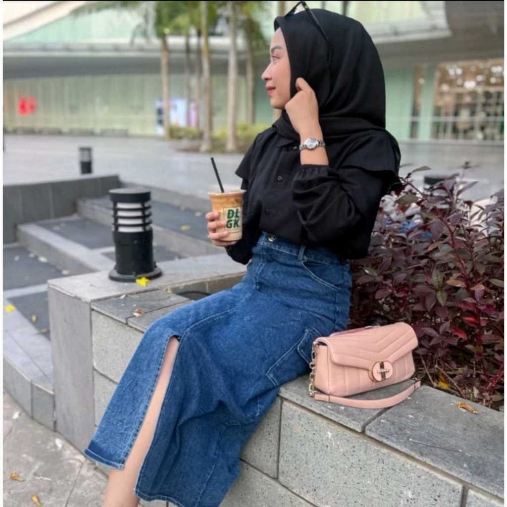 OS - Slavina  Rok Jeans Cargo Span Skirt Wanita Remaja Kekinian Terbaru Simple Outfit Korean Style