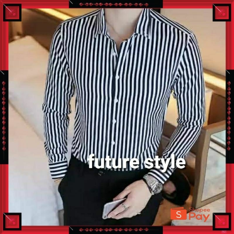 KAIN ADEM LEMBUT HALUS TEBAL / Kemeja Garis Salur Hitam Putih Pria Lengan Panjang Ganjar Pranowo Kat