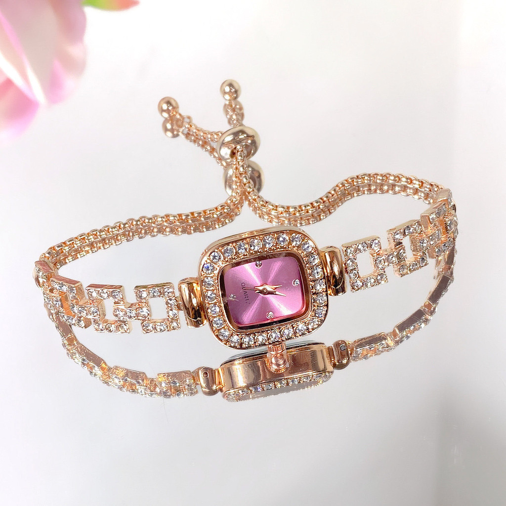 Jam Tangan Wanita Quartz dengan RANTAI SERUT: Full Diamond Stainless Steel Dial Kotak Anti Karat Ant