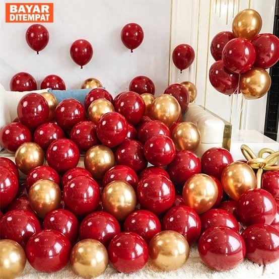 Paket Balon Latex Imlek doff Retro Merah Maroon / Merah Cabe Gold 12 inch