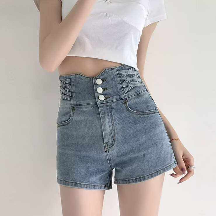 Celana jeans pendek korea Celana pendek jeans pinggang tinggi kasual modis wanita