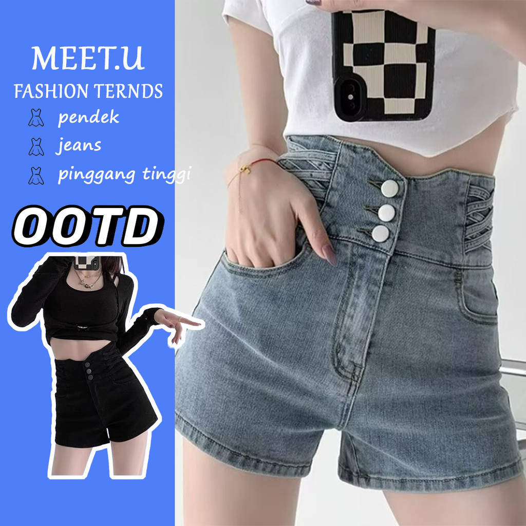MEET.U Celana Jins Gaya Korea Celana Jins Pendek Celana Pendek Wanita Celana Jins Pinggang Tinggi