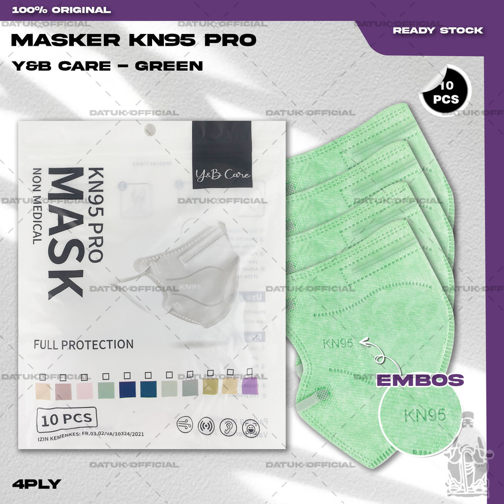 Masker KN95 PRO Y&B CARE 4Ply Isi 10Pcs Warna Green Hijau Muda 95PRO KN 95 PRO 4 Ply Earloop Surgica