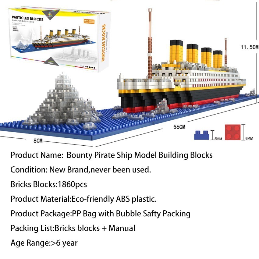 1860 Pcs Titanic Model Kapal Pesiar DIY Blok Bangunan Bata Kit Anak Anak Mainan Pendidikan
