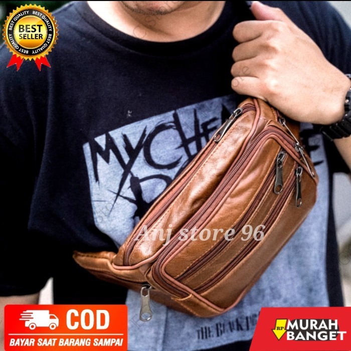 tas selempang pria kekinian tas pinggang kulit asli tas selempang kulit waistbag kulit asli pria - H