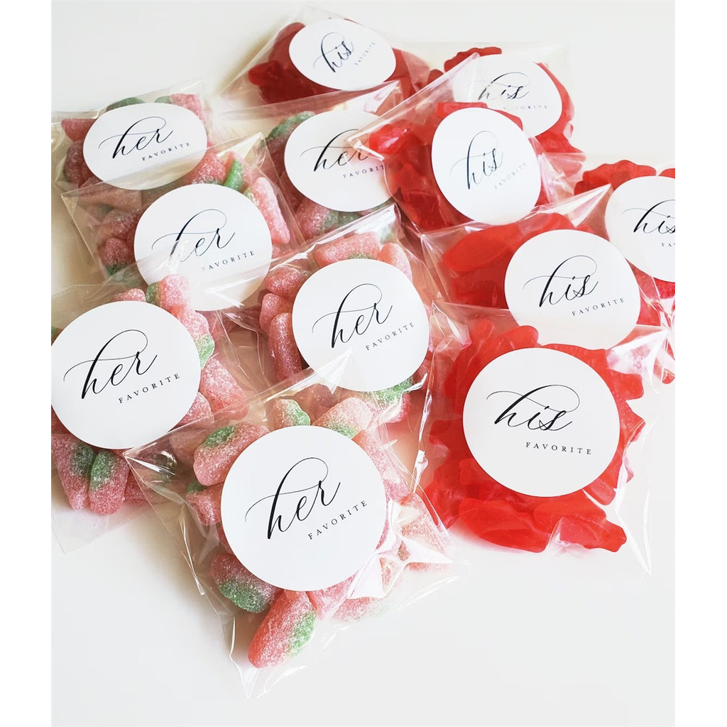 

50PCS Wedding Candy Favor Bags and Stickers - Her Favorite, His Favorite, Our Favorite - EMPTY Bags with Printed Labels - DIY We