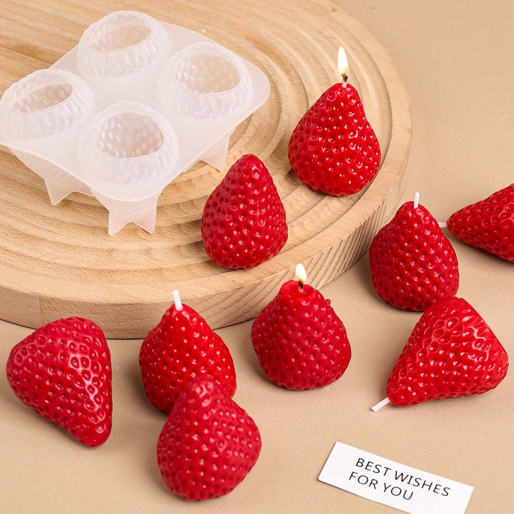 

4Pcs Strawberry Shaped Silicone Candle Mold DIY Handmade Fruit Scented Candles Soap Craft Casting Molds Home Valentine's Day Dec