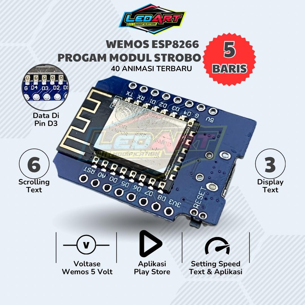 LED ART MODIFICATION Wemos Strobo 5 Baris Running Text