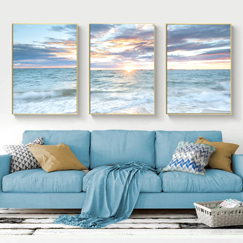

Blue Sea Landscape Sunrise Coastal Canvas Painting Poster Print Waves and Beach Wall Art Picture Living Room Home Decor Cuadros