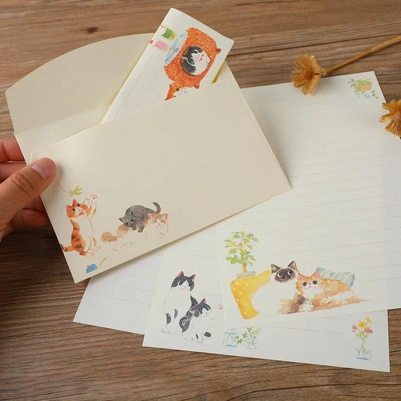 

9pcs/set Kawaii Cats Envelopes with Letter Pads Cartoon Letter Writing Paper Wedding Invitation Card Cover Korean Stationery