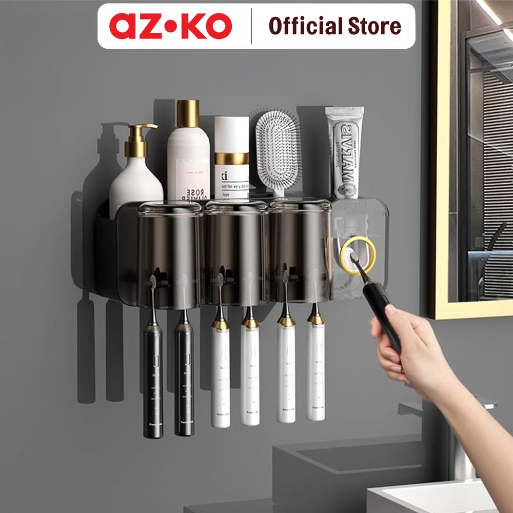 AZKO Stora Tempat Sikat Gigi Dengan Gelas - Hitam Toothbrush Holder Organizer Alat Pembersih Gigi Wa