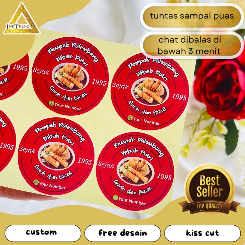 

INKA 9-15 Cetak Sticker Makanan Pempek Chromo Bulat Free Desain Cutting Kiss Cut Custom Murah