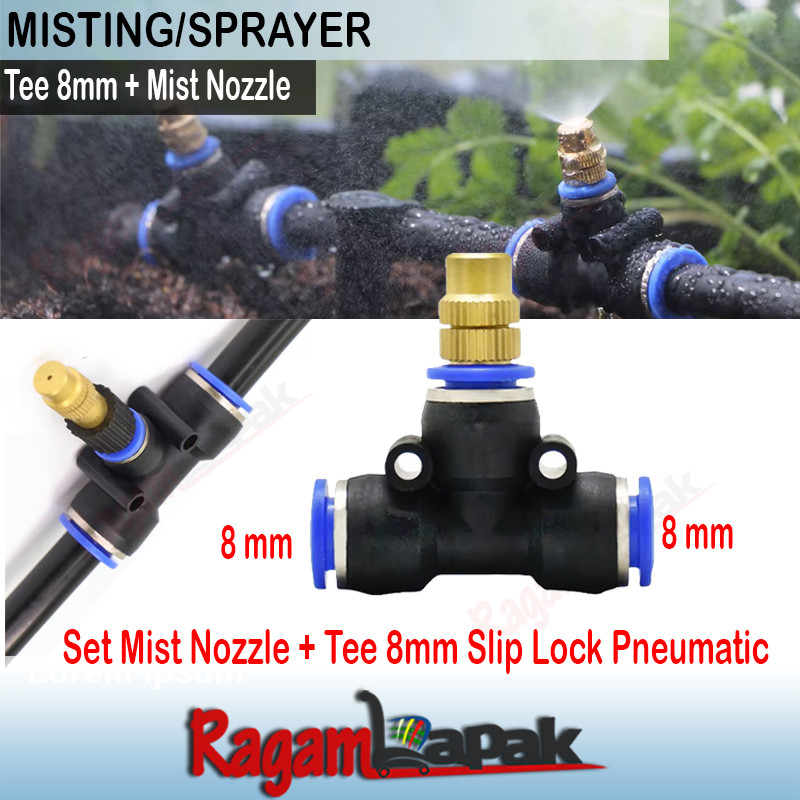 Set Mist Nozzle + Tee 8mm Slip Lock Pneumatic Selang PU 8 mm OD