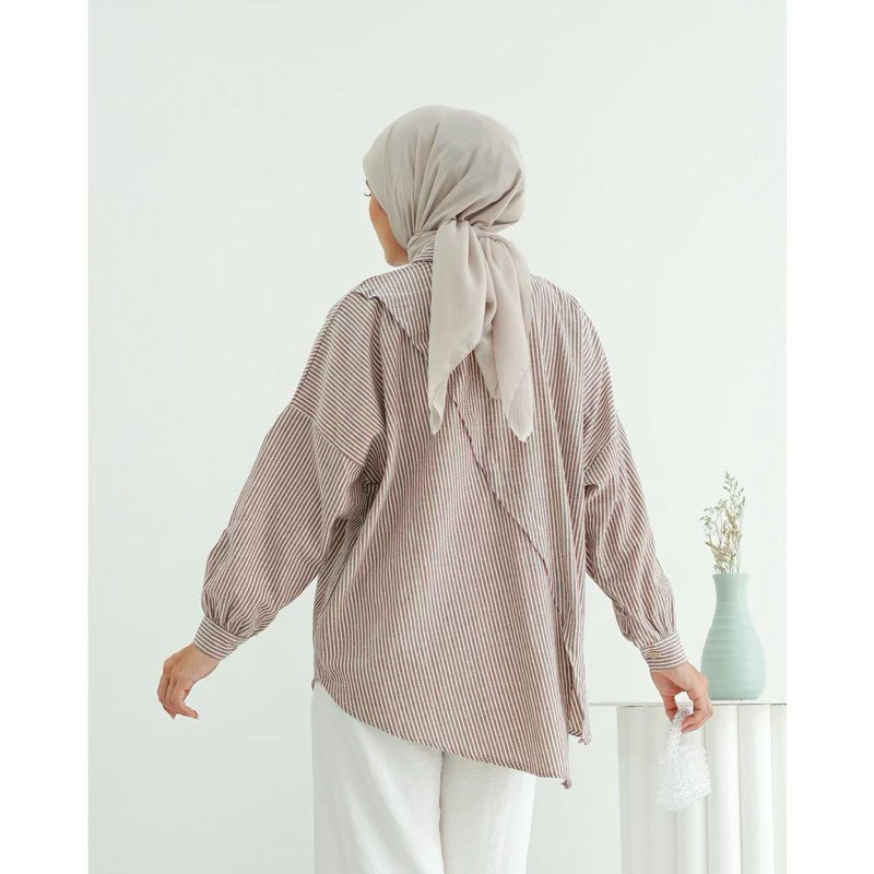W & K - ZFS PAKAIAN WANITA NISA / AYESHA SHIRT STRIPE / Stripe Hem Oversize Trendy / Kemeja Lengan P