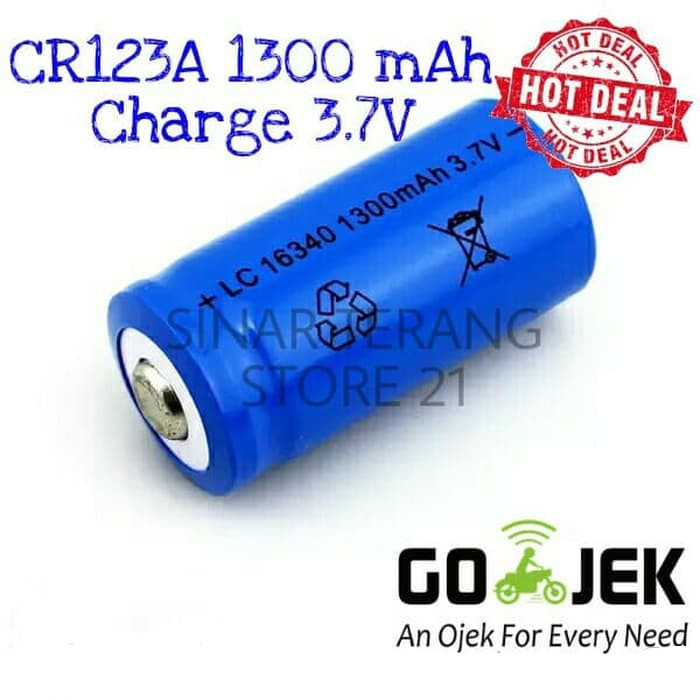 Baterai RECHARGE CR123 1300 mAh Lithium 3.7 Volt Batre LC16340 3.7V - Biru