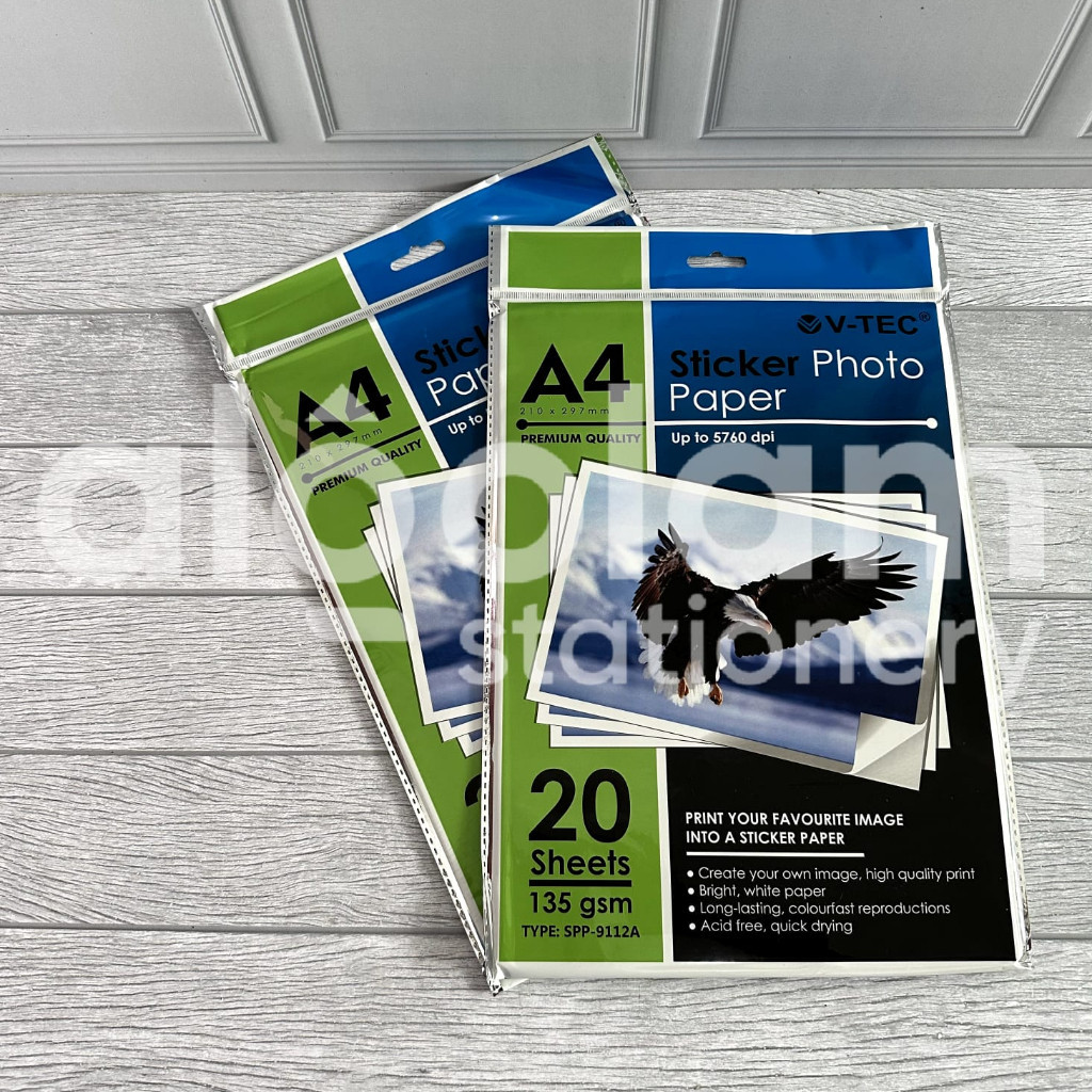 

SATU PACK ( 20 LEMBAR ) Kertas Foto Stiker A4 V-Tec 135 Gsm Sticker Photo Paper A4 Vtec 135Gsm