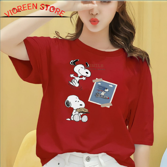 BAJU WANITA KAOS KATUN CEWEK  SMILE SNOOPY S-M-L-XL-XXL-3XL-4XL - Putih, S