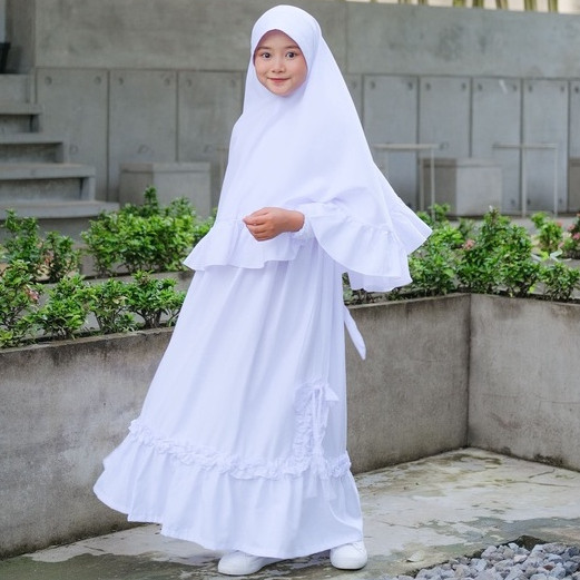 Fatih dan Firra - Aruni Gamis Putih Anak Perempuan Bahan Polyrayon Slup Usia 4-12 Tahun Set Jilbab C