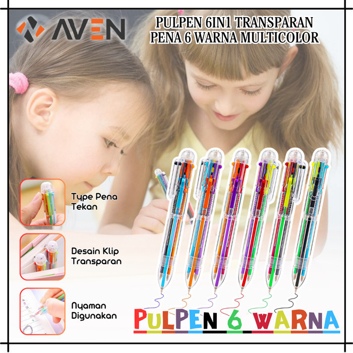 

AVEN Pulpen 6IN1 Transparan Multicolor Pen 6 Warna Alat Tulis Sekolah