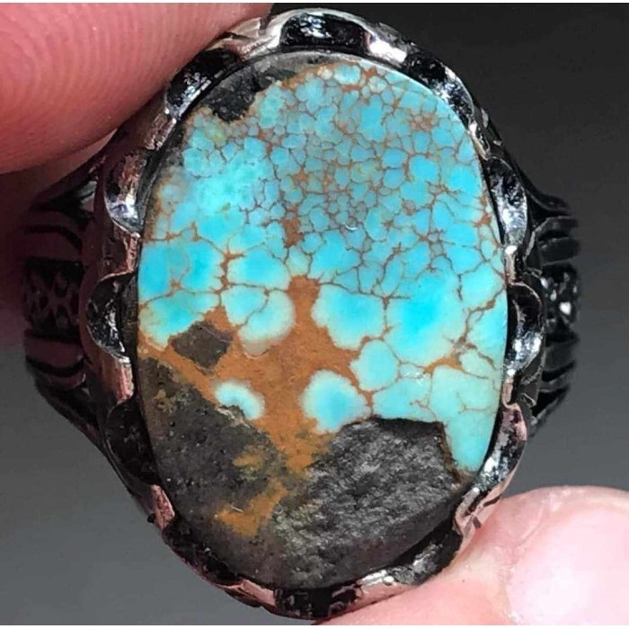 Cincin Batu Akik Natural Turquoise Pyrus Pirus Persia Iran Biru Fancy Royal Blue Lawas Urat Ceplok K