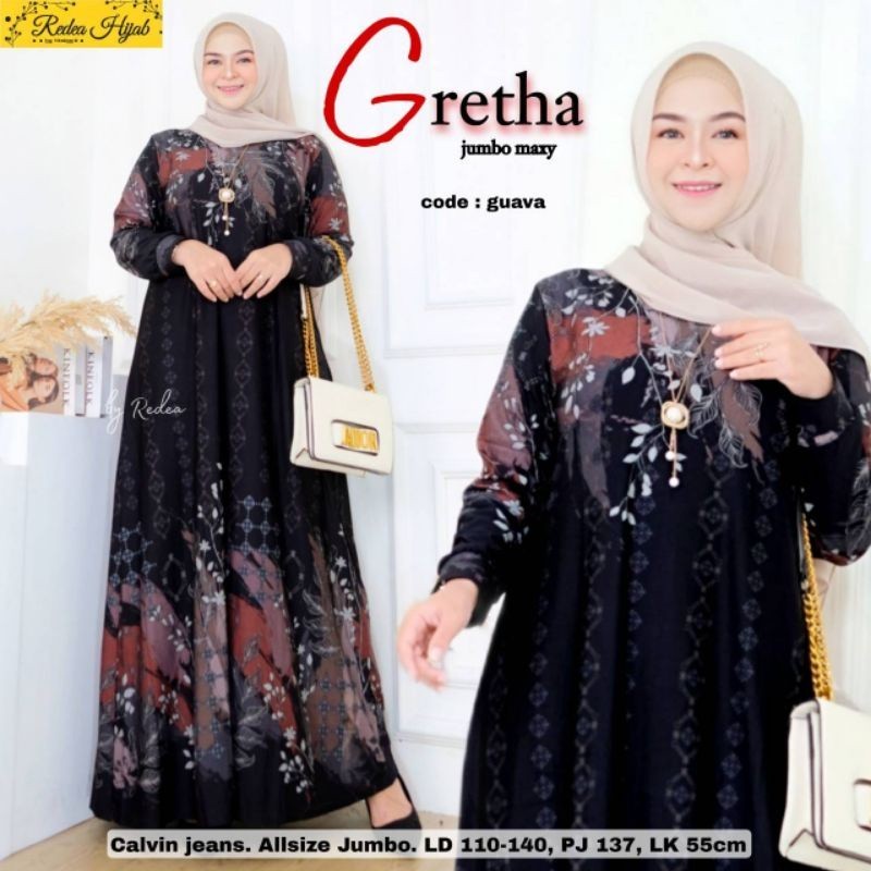 GRETHA JUMBO MAXY FASHION MUSLIM WANITA TERBARU 2022 GAMIS CALVIN JEANS JUMBO ALL SIZE LD 110-140 BA