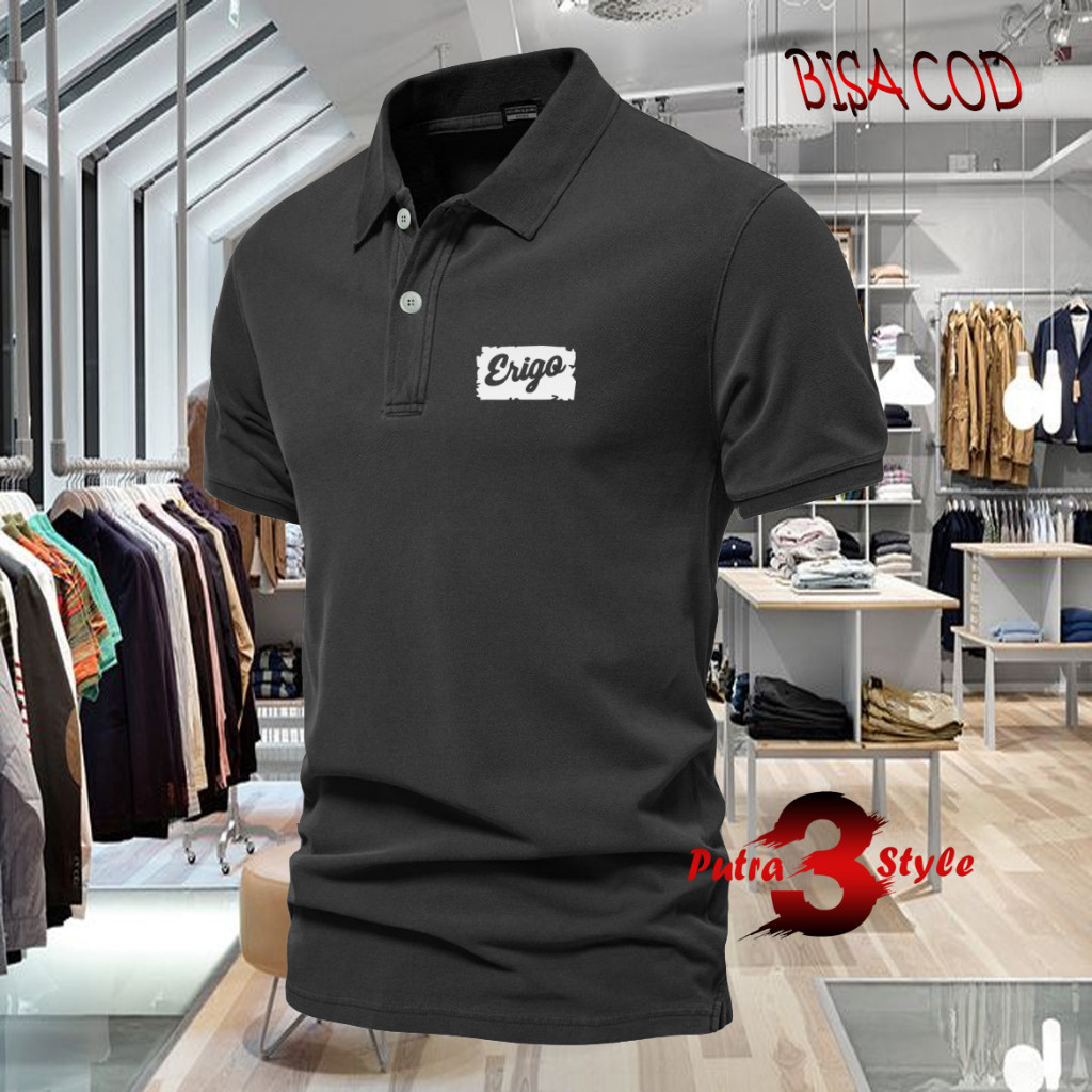 Baju Distro Style Polo Kerah Erigo Blok Text Putih Kaos Polo T Shirt Denim Premium Quality Atasan Pr