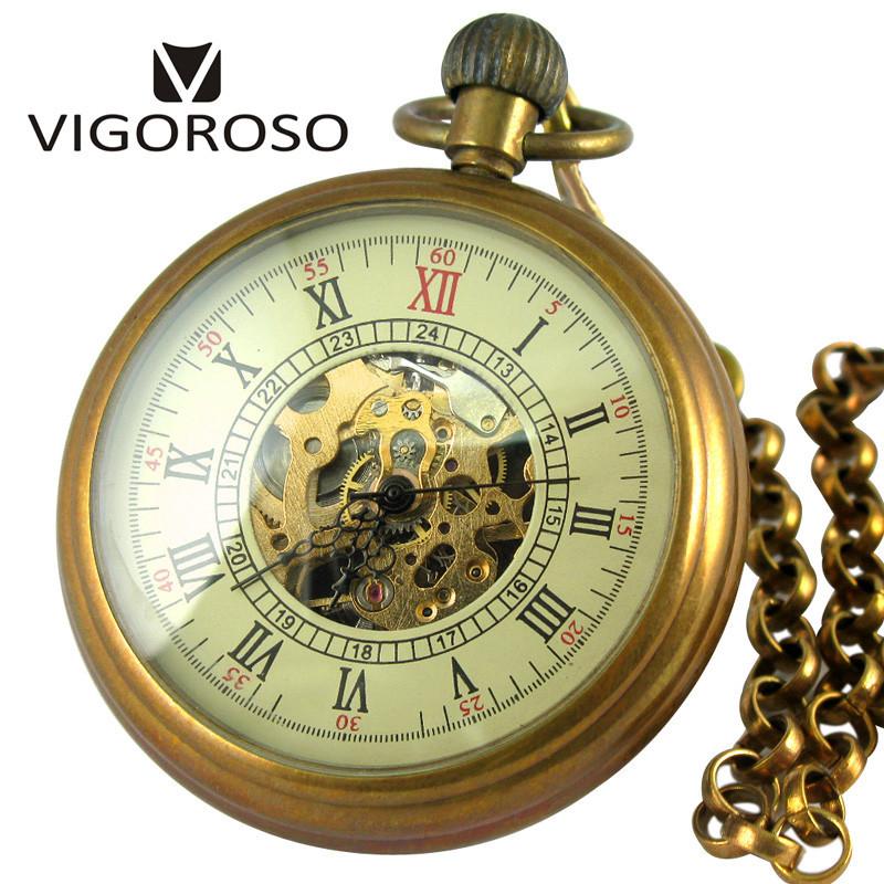 VIGOROSO Collectible Gifts Antique Old Copper Wind up Mechanical Pocket Watch FOB Chain Pendant Stea