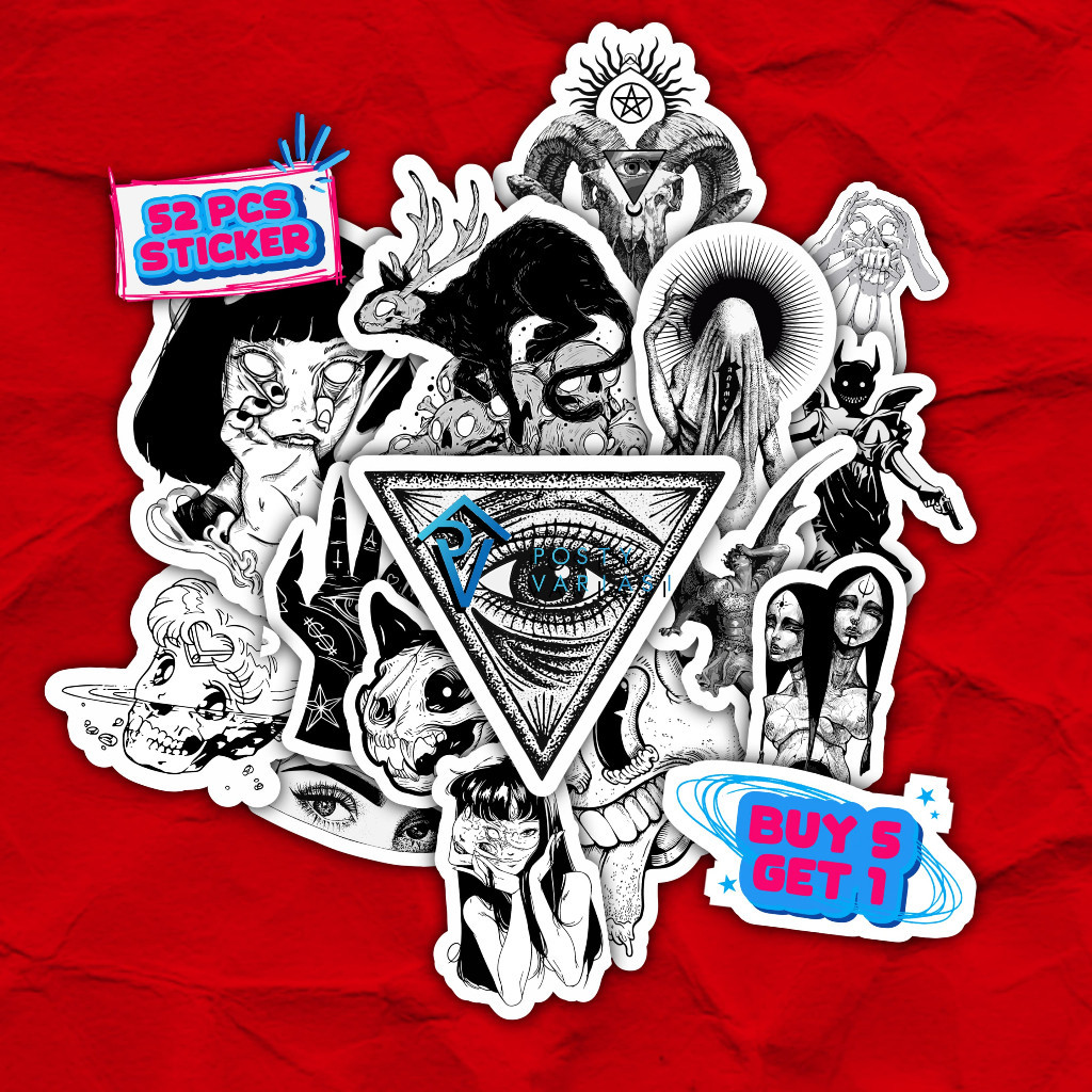 

[50 Pcs] Stiker HP Laptop / Sticker Helm Horror Thriller Graffiti Anti Air - Black and White
