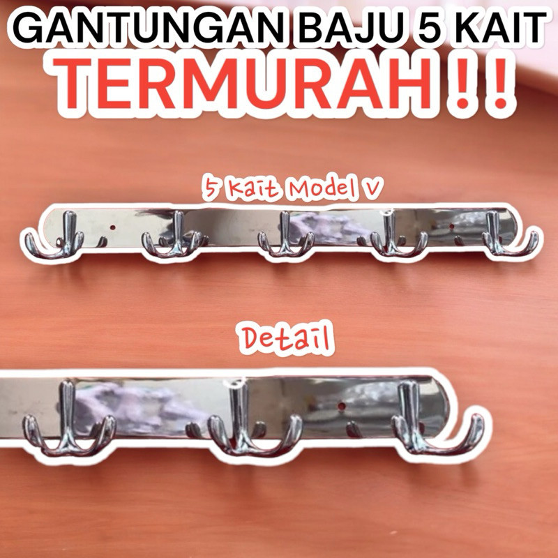 Gantungan Baju Pintu Tembok 5 Kait Bahan Stainless Silver / Gantungan Kait Tembok Pintu Stainless