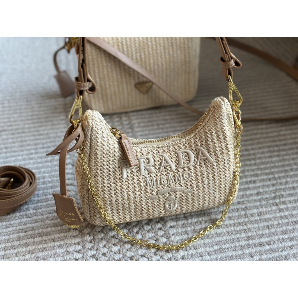 Original 2024 New Prada (with Box)  straw woven hobo underarm bag for women's fashionable and stylis
