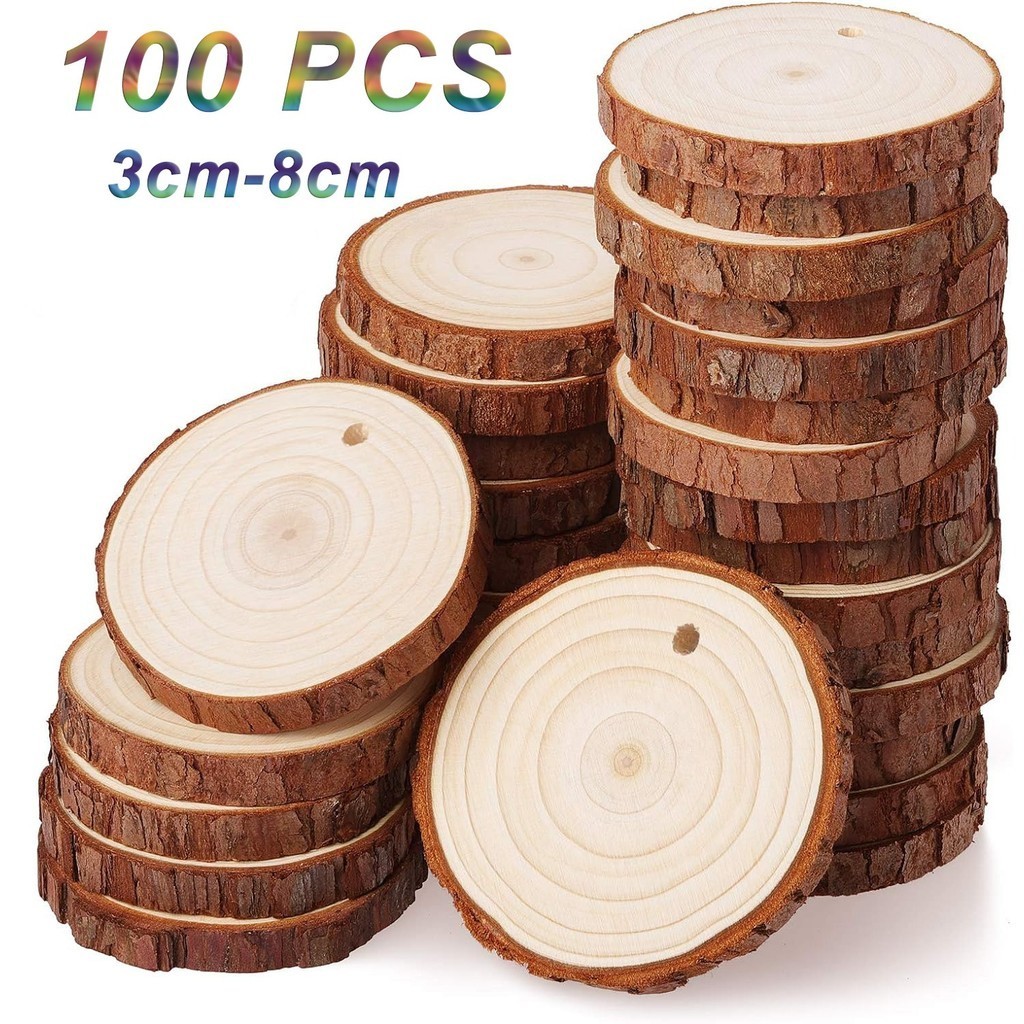 

Wood Slices 100 Pcs 3cm-8cm Craft Wood kit Unfinished Predrilled Tree Slices with Hole Wooden Circles for Christmas DIY Crafts