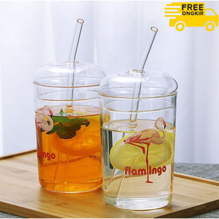 ✨LARIS✨ -flamingo glass Gelas set sedotan kaca Unik Lucu Karakter Cangkir Gelas