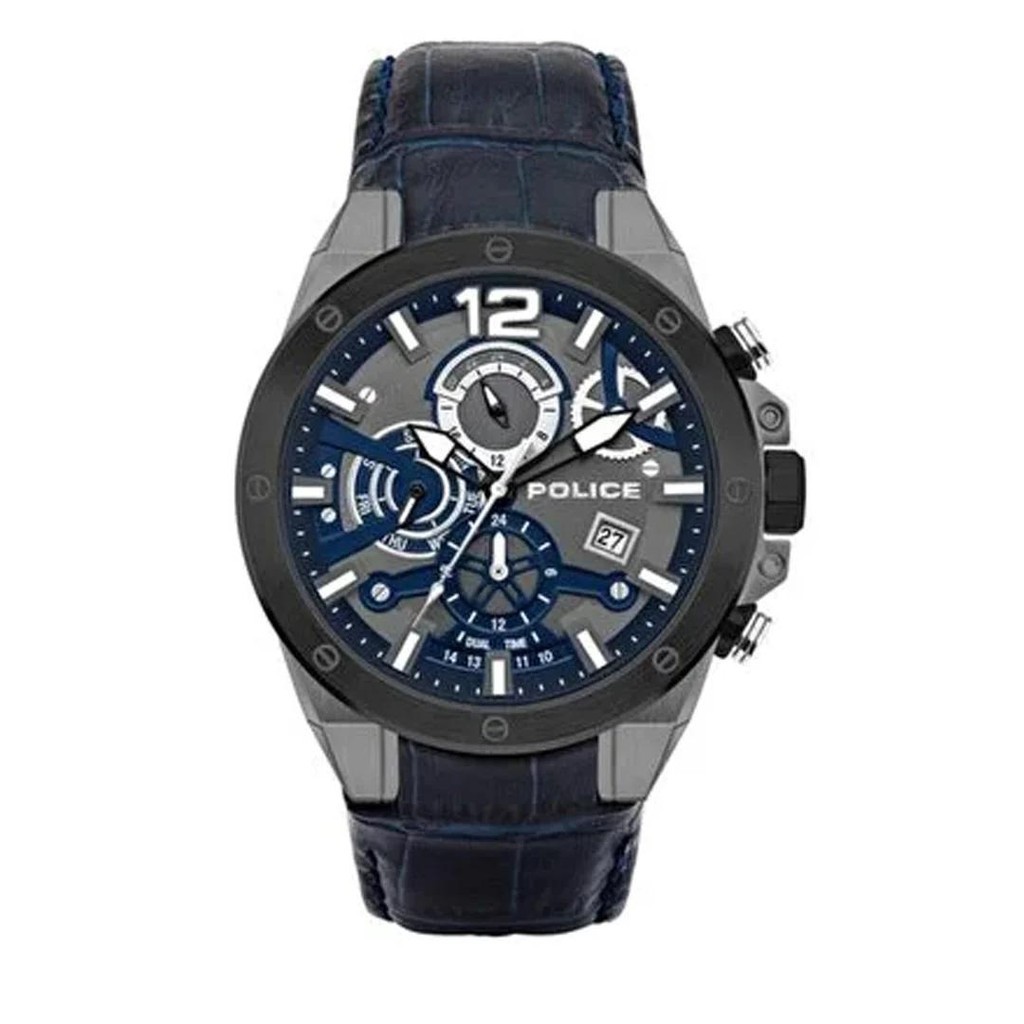 [CLEARANCE SALE]  Jam Tangan Police Dual Time Pria PL.15711JSUB/03 Navy DIAL Leather Original Garans