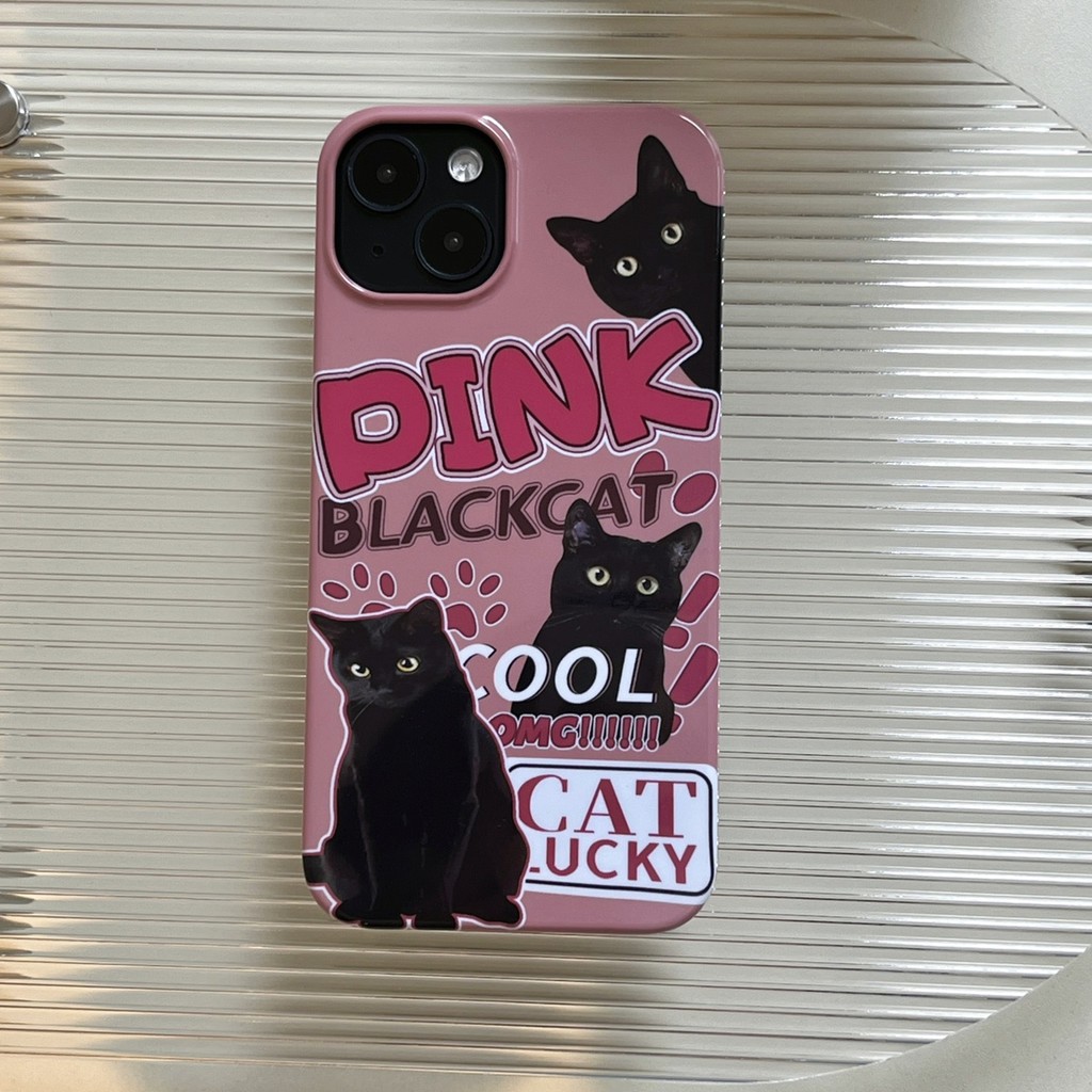 Casing Hardcase Illustration pink pink black cat Cover Premium Case IPhone 7 Plus 8 x xs xr max 11 p
